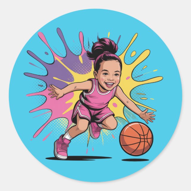 Sticker Rond Pop Art Girl Basketball Anniversaire Bash (Devant)