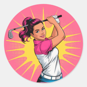 Sticker Rond Pop Art Girl Golfer fête d'anniversaire