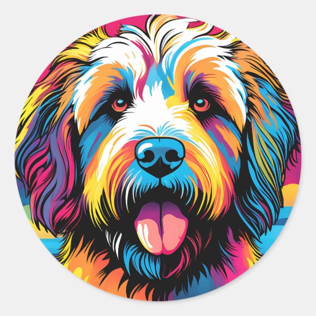 Sticker Rond Pop Art Labradoodle Portrait (Devant)