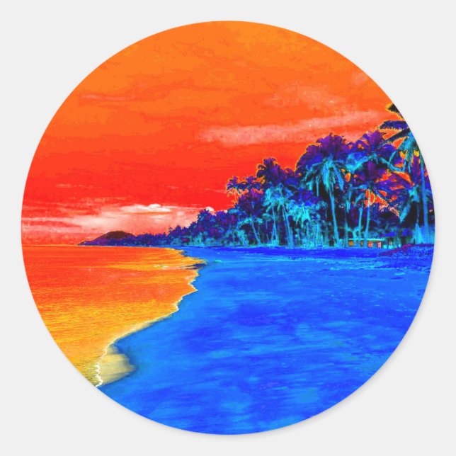 Sticker Rond Pop Art Plage Exotique Palmiers (Devant)