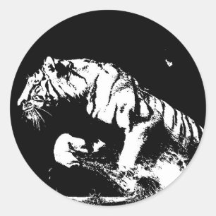 Sticker rond Pop Art Tiger noir blanc
