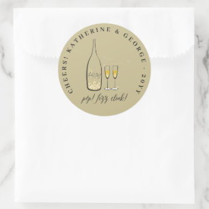 Sticker Rond Pop Fizz Clink Champagne Doré Élégant Bulles Chic