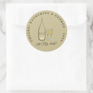 Sticker Rond Pop Fizz Clink Champagne Doré Élégant Bulles Chic