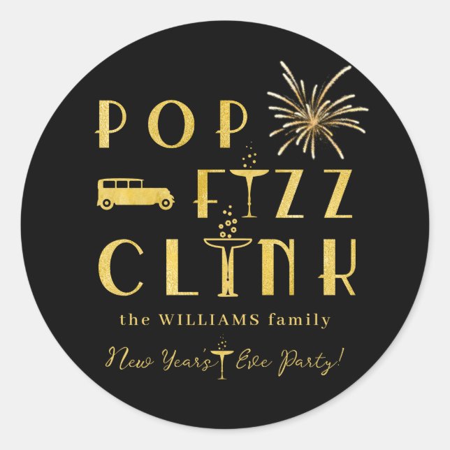 Sticker Rond Pop Fizz Clink Gold Typograpy Modern New Years Eve (Devant)