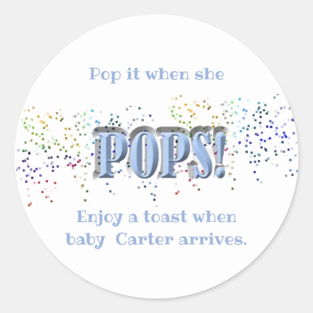 Sticker Rond Pop It ! Bleu, Baby shower, Vin, Champagne (Devant)