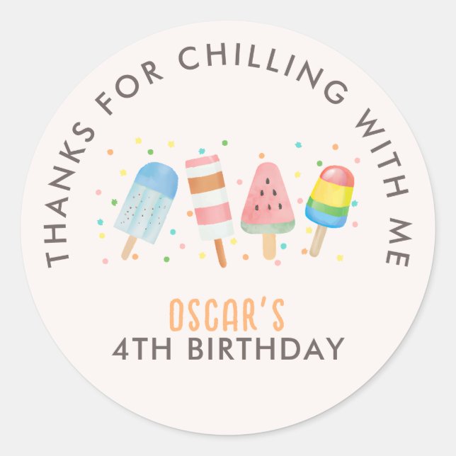 Sticker Rond Pop on Over and Chill Icecream / Popsicle Birthday (Devant)