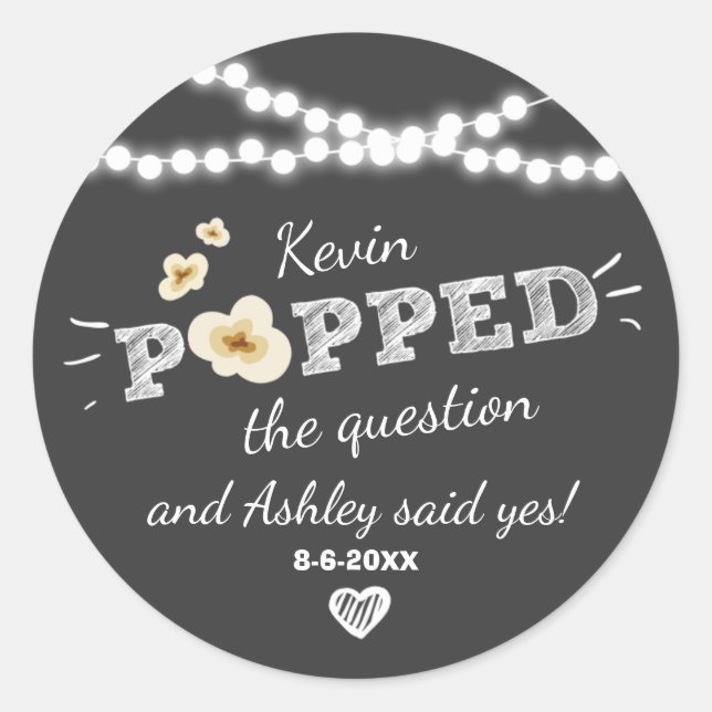 Sticker Rond Popped the Question Fiançailles Mariage Popcorn (Devant)