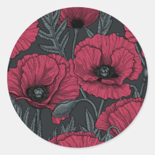 Sticker Rond Poppies à Viva Magenta