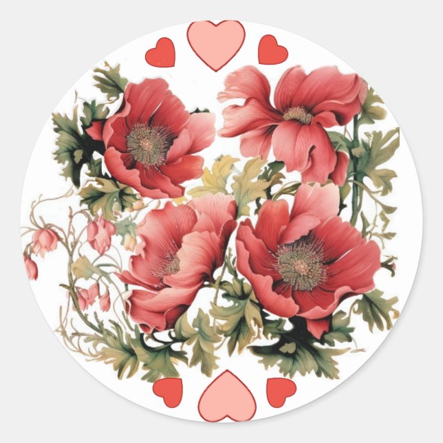 Sticker Rond Poppies et coeurs Vintages romantiques (Devant)