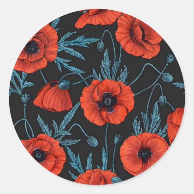 Sticker Rond Poppies, rouge et bleu sur noir (Devant)
