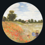 Sticker Rond Poppies rouges en floraison - Claude Monet<br><div class="desc">Claude Monet tableau de chef-d'oeuvre de femmes marchant dans le champ des Poppies rouges</div>