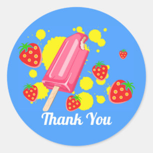 Sticker Rond Popsicle rose d'amusement et Merci de fraises