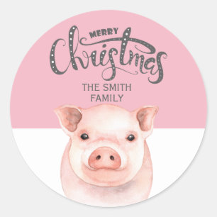 Sticker Rond Porc Blanc Rose Joyeux Noël Nom de Famille