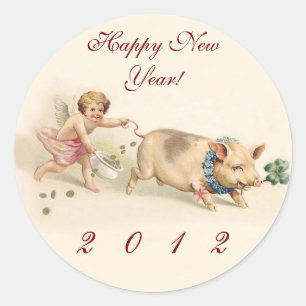 Sticker Rond Porc drôle mignon et ange - bonne année 2012