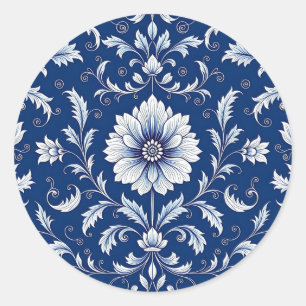 Sticker Rond Porcelaine Fleurs de style bleu marine