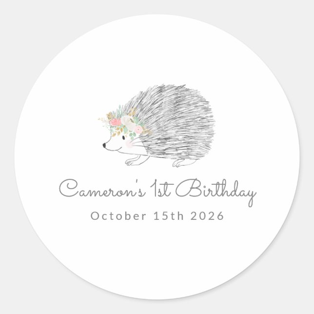 Sticker Rond Porcupine florale minimaliste 1er anniversaire (Devant)
