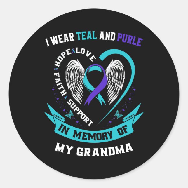 Sticker Rond Portez Turquoise et violet pour mon grand-mère qui (Devant)