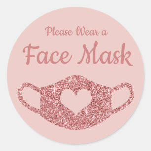 Sticker Rond Portez un Masque Facial Rose Gold Paillettes Coeur