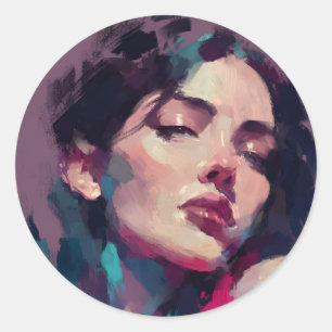 Sticker Rond Portrait Abstrait avec Reflets Néon
