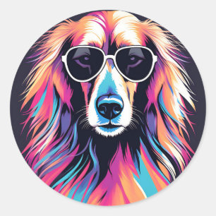 Sticker Rond Portrait Afghan Hound Avec Lunettes De Soleil