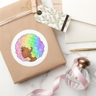 Sticker Rond Portrait Afro Arc-en-ciel Pastel Bouclé Rétro Groo