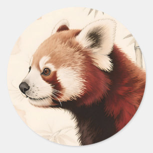 Sticker Rond Portrait aquarelle du panda roux et du bambou
