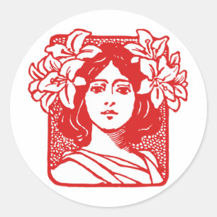 Sticker Rond Portrait Art Nouveau de la femme avec Lilies
