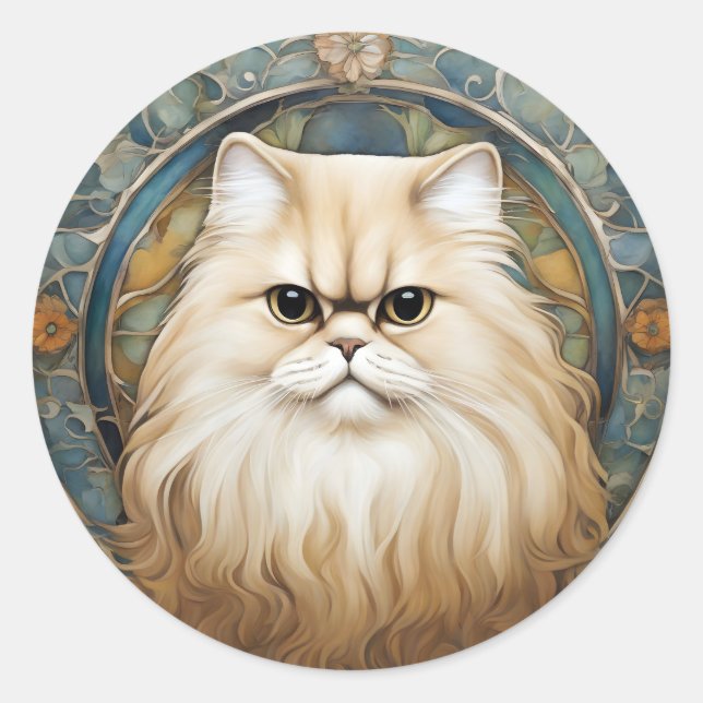 Sticker Rond Portrait Art Nouveau d'un chat persan (Devant)