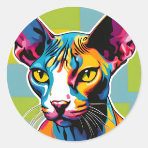 Sticker Rond Portrait Chat Sphynx Pop Art