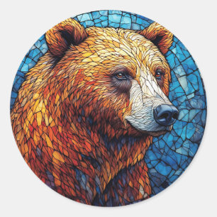 Sticker Rond Portrait Coloré d'Ours dans un Art de Verre Cathéd
