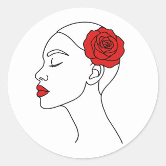 Sticker Rond Portrait d'art en ligne d'une femme avec Rose roug