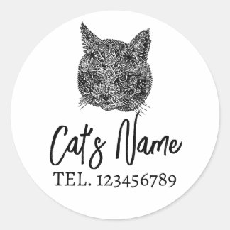 Sticker Rond Portrait de chat ornemental noir et blanc