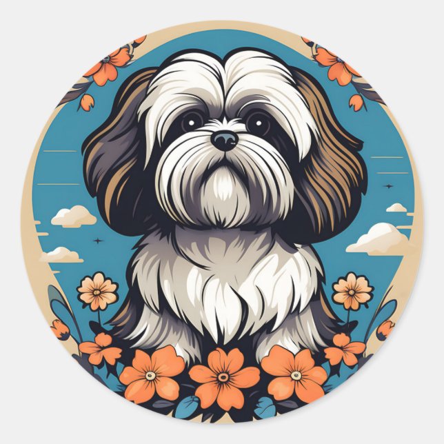 Sticker Rond Portrait De Chien Lhasa Apso Avec Fleurs (Devant)