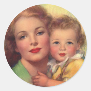 Sticker Rond Portrait de famille vintage de mère et d'enfant