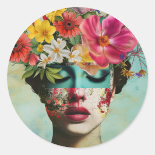 Sticker Rond Portrait de femme avec des fleurs de mode sur la t