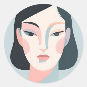 Sticker Rond Portrait de femme géométrique abstrait minimaliste