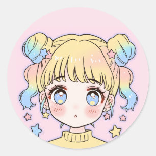 Sticker Rond Portrait de fille étoile pastel Kawaii