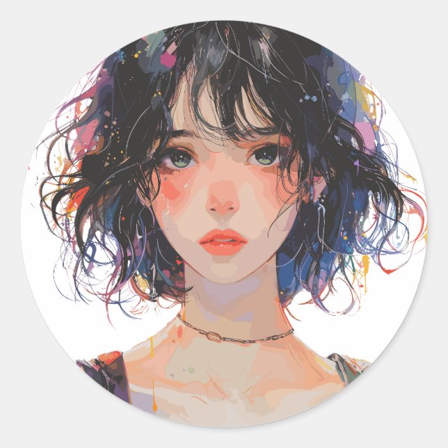 Sticker Rond Portrait de fille japonaise artistique (Devant)