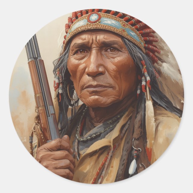 Sticker Rond Portrait de Geronimo, chef de guerre indien (Devant)
