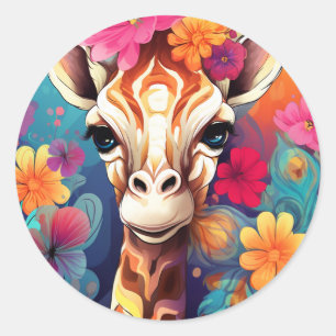 Sticker Rond Portrait de la Giraffe florale-9321