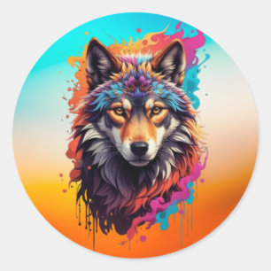 Sticker Rond Portrait de Loup Coloré Art Animalier Abstrait-876