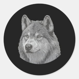Sticker Rond Portrait de loup noir et blanc réaliste