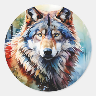 Sticker Rond Portrait de loup sauvage et dynamique en aquarelle