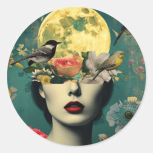 Sticker Rond Portrait de lune florale surréaliste