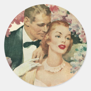 Sticker Rond Portrait de mariage vintage, mariée rétro et chamb