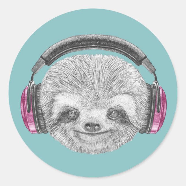 Sticker Rond Portrait De Sloth | Porter un casque (Devant)