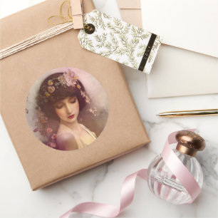 Sticker Rond Portrait de style vintage de la belle Florale femm