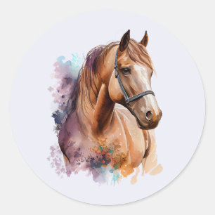 Sticker Rond Portrait de tête de cheval brun à l'aquarelle
