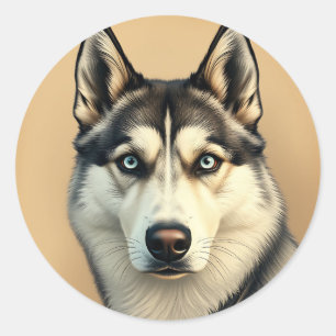 Sticker Rond Portrait détaillé d'un Husky de Sibérie avec Vinta