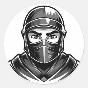 Sticker Rond Portrait en noir et blanc d'un guerrier ninja masc